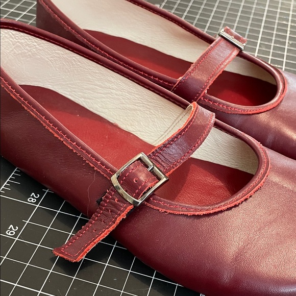 Red Burgundy Leather Mary Jane Flats classic barefoot ballet pumps - Picture 3 of 4